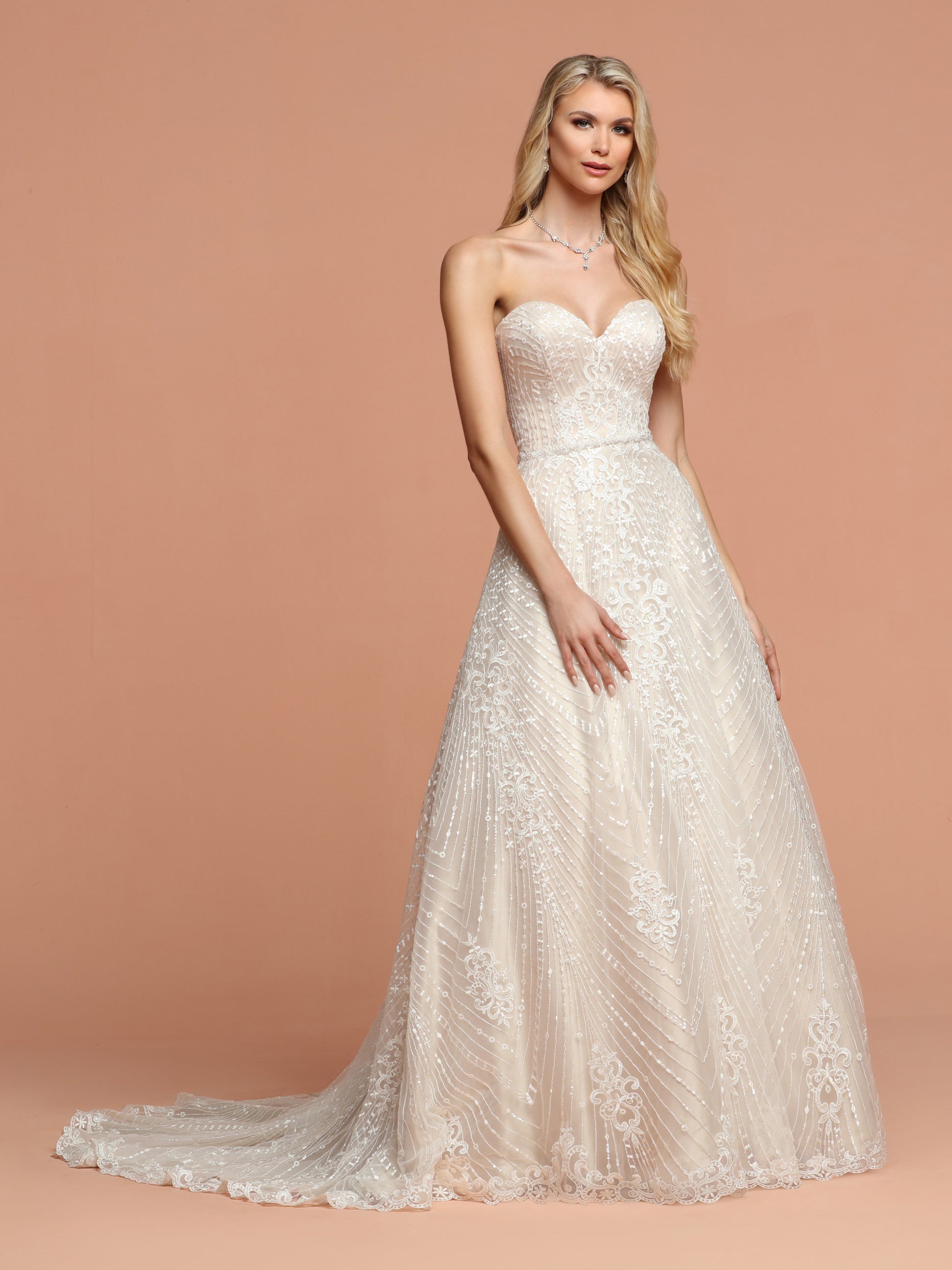 Davinci Bridal 50593 is a Long All over Lace Ballgown Wedding Dress. Featuring a sweetheart strapless neckline and a beautiful train. Corset Back. Embellished Crystal waist belt.  Available for 1-2 Week Delivery!!!  Available Sizes: 2,4,6,8,10,12,14,16,18,20  Available Colors: Ivory/Nude, Ivory/Ivory
