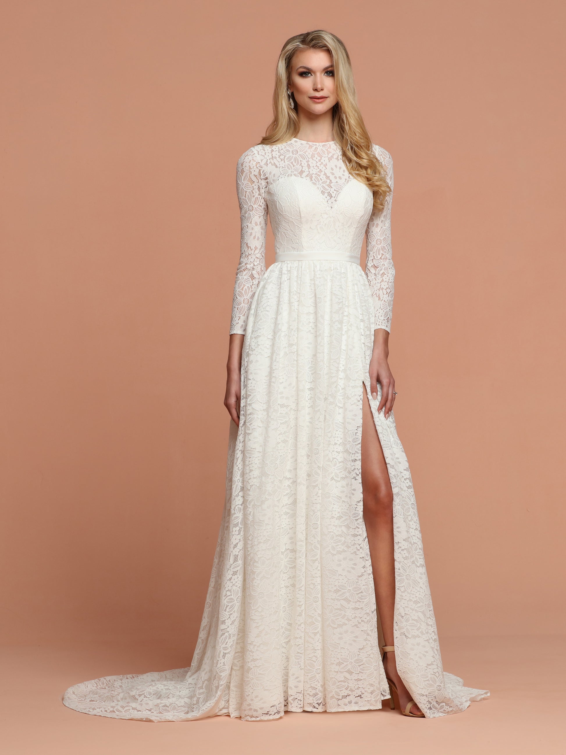 Davinci Bridal 50596 All over Sheer Lace Long Sleeve Neckline Slit Wedding Dress Sweetheart 16 / White Davinci Bridal 50596 All over Sheer Lace Long Sleeve Neckline Slit Wedding Dress Sweetheart 16 / White