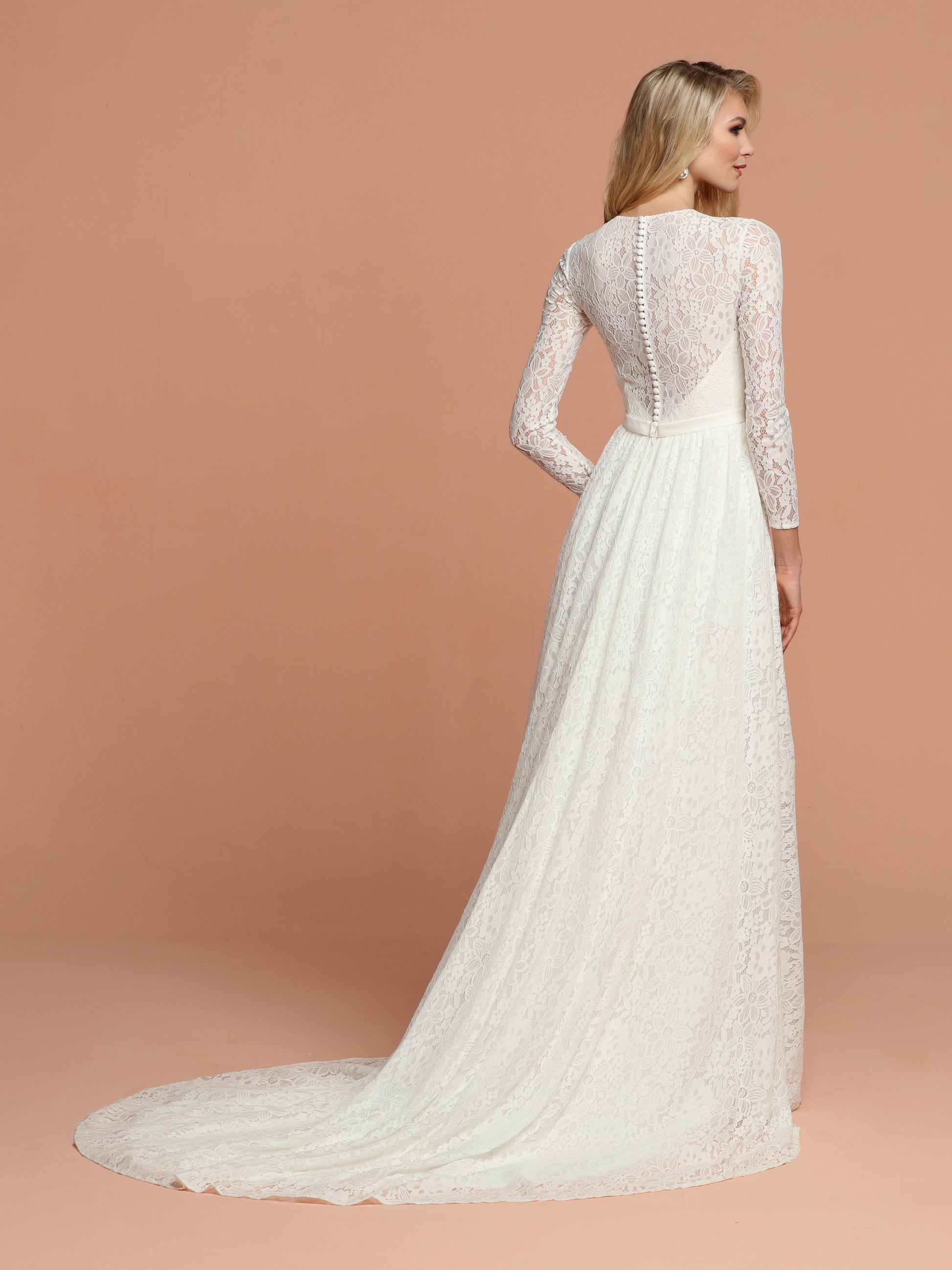 Davinci Bridal 50596 is a Long All over Lace Wedding Dress. Featuring 2/4 Length Sheer Lace sleeves. a sheer lace high neckline and back. Illusion sweetheart neckline. Lace Skirt Features a high slit and stunning train.   Available for 1-2 Week Delivery!!!  Available Sizes: 2,4,6,8,10,12,14,16,18,20  Available Colors: Ivory