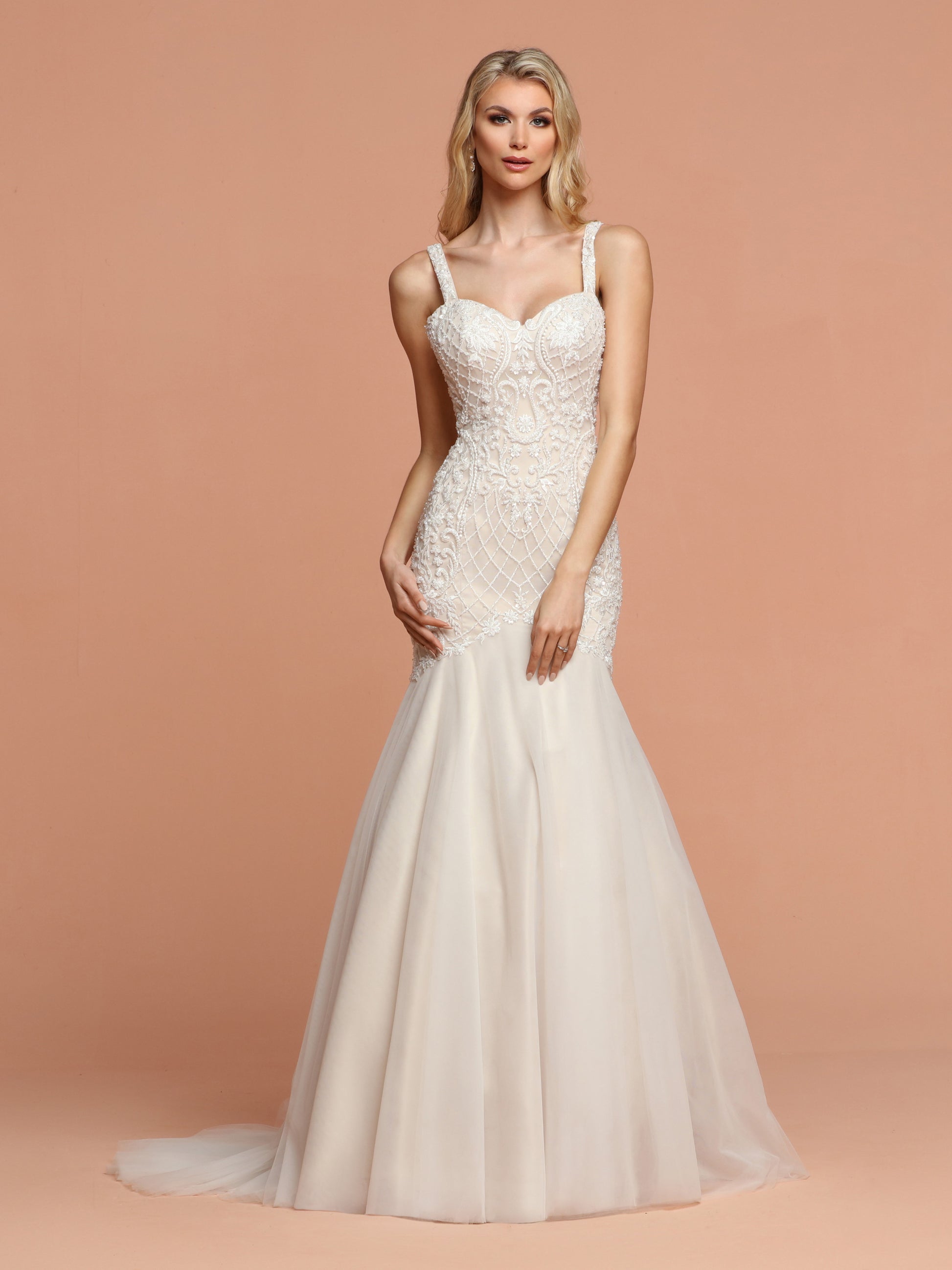 Davinci Bridal Style 50600 is a Long Fitted Mermaid Silhouette Wedding Dress with a sweetheart neckline with an embroidered Bodice with Embellishments. Wide straps with an open back. Full Soft Tulle Fit & Flare skirt has a lovely tulle train  Available for 1-2 Week Delivery!!!  Available Sizes: 2,4,6,8,10,12,14,16,18,20  Available Colors: Ivory/Nude, Ivory/Ivory