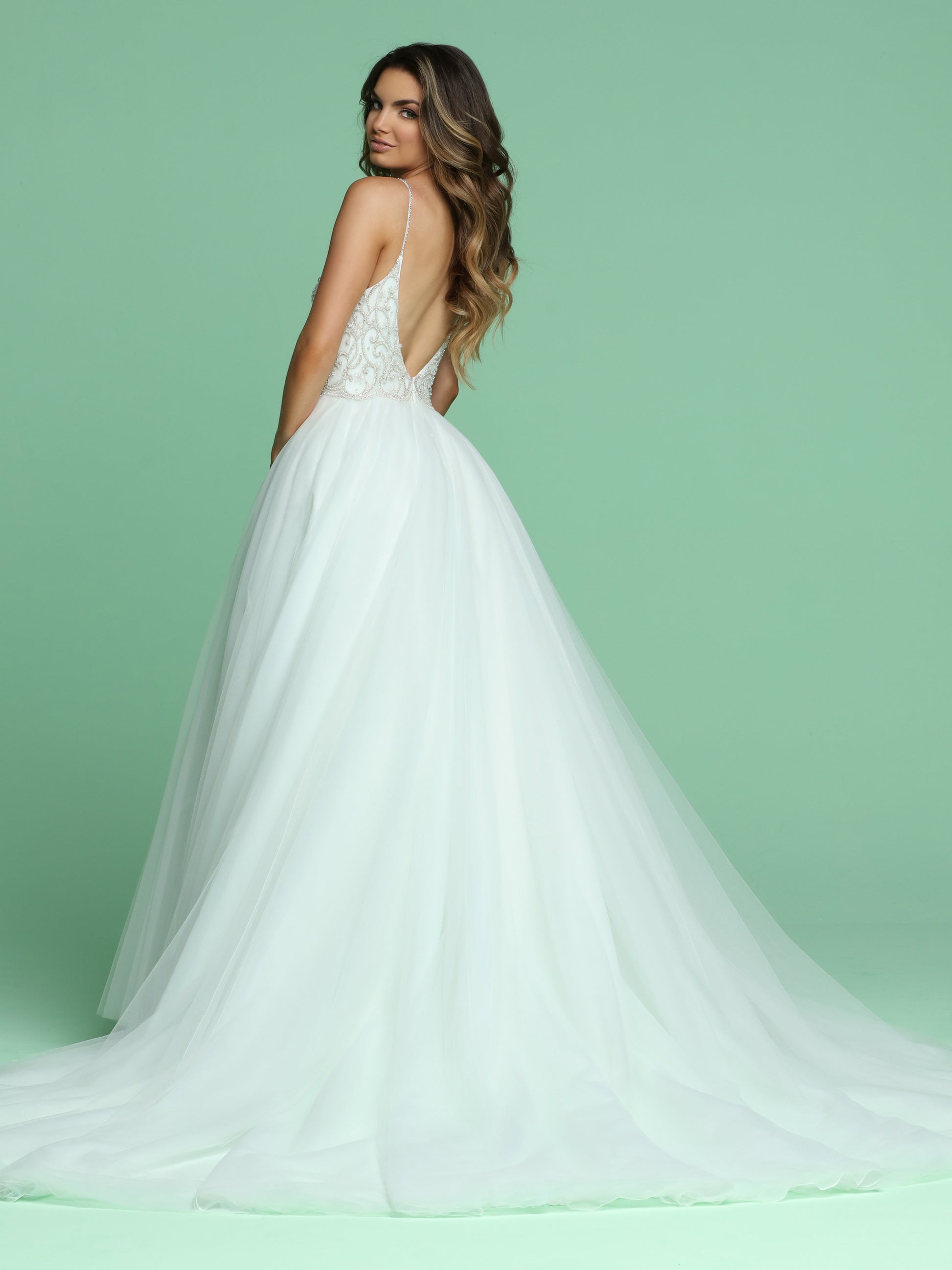 Davinci Bridal 50603 is a stunning Lush A Line Wedding Dress Featuring an Embellished V neckline with spaghetti straps leading to an open back. Lush Layers of Tulle in the Ballgown skirt flow into a sweeping train.   Available for 1-2 Week Delivery!!!  Available Sizes: 2,4,6,8,10,12,14,16,18,20  Available Colors: Ivory/Blue, Ivory/Ivory