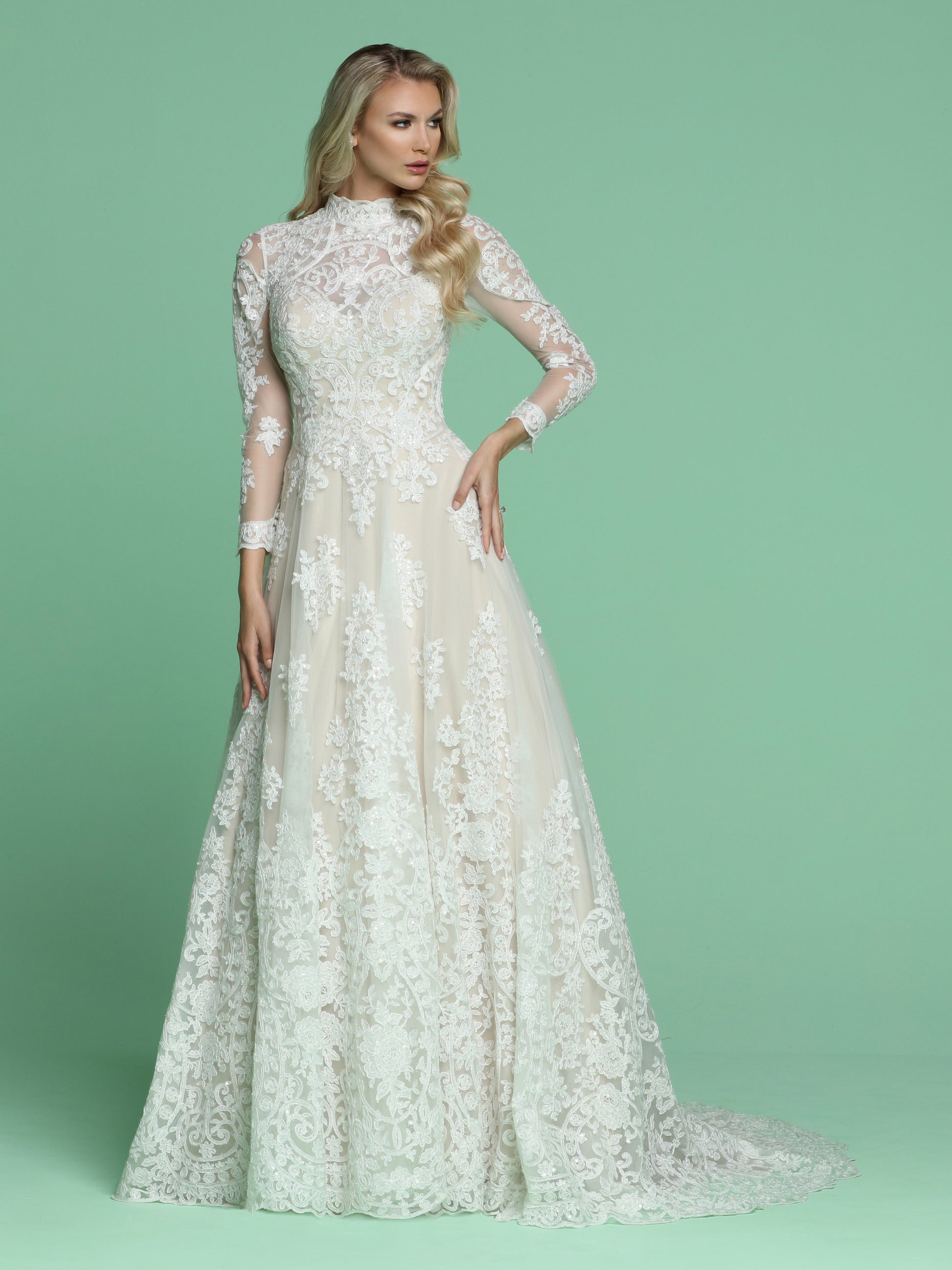 Davinci Bridal 50607 Long Sleeve Sheer Lace A Line Wedding Dress High Neck 10 / Ivory/Nude Davinci Bridal 50607 Long Sleeve Sheer Lace A Line Wedding Dress High Neck 10 / Ivory/Nude