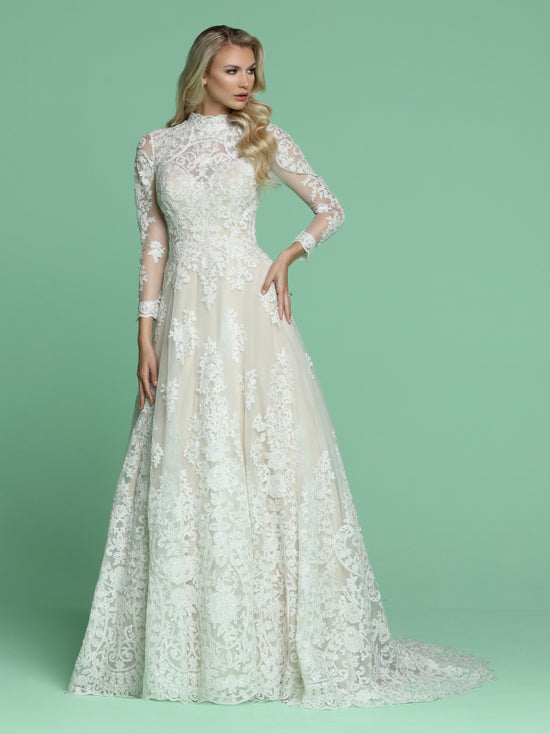 Davinci Bridal 50607 Long Sleeve Sheer Lace A Line Wedding Dress High ...