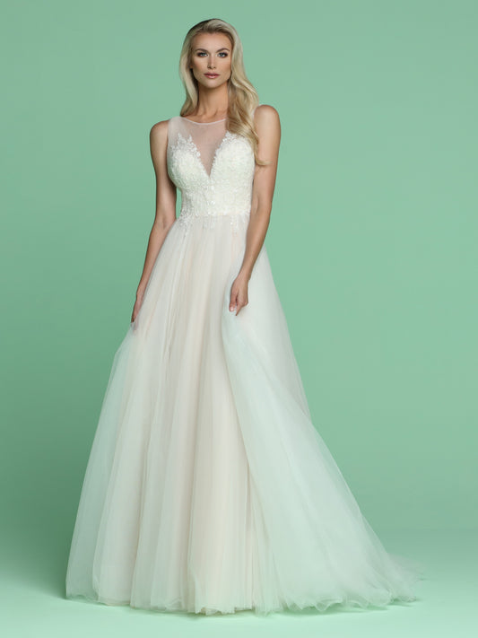 Davinci Bridal 50608 is a stunning Soft A Line Tulle Ballgown Bridal Gown Featuring a sheer high neck illusion deep V Neckline and open v back. This backless Ball Gown Features an Embellished Bodice with floral lace appliques and embroidering.  Available for 1-2 Week Delivery!!!  Available Sizes: 2,4,6,8,10,12,14,16,18,20  Available Colors: Ivory/Blush, Ivory/Ivory