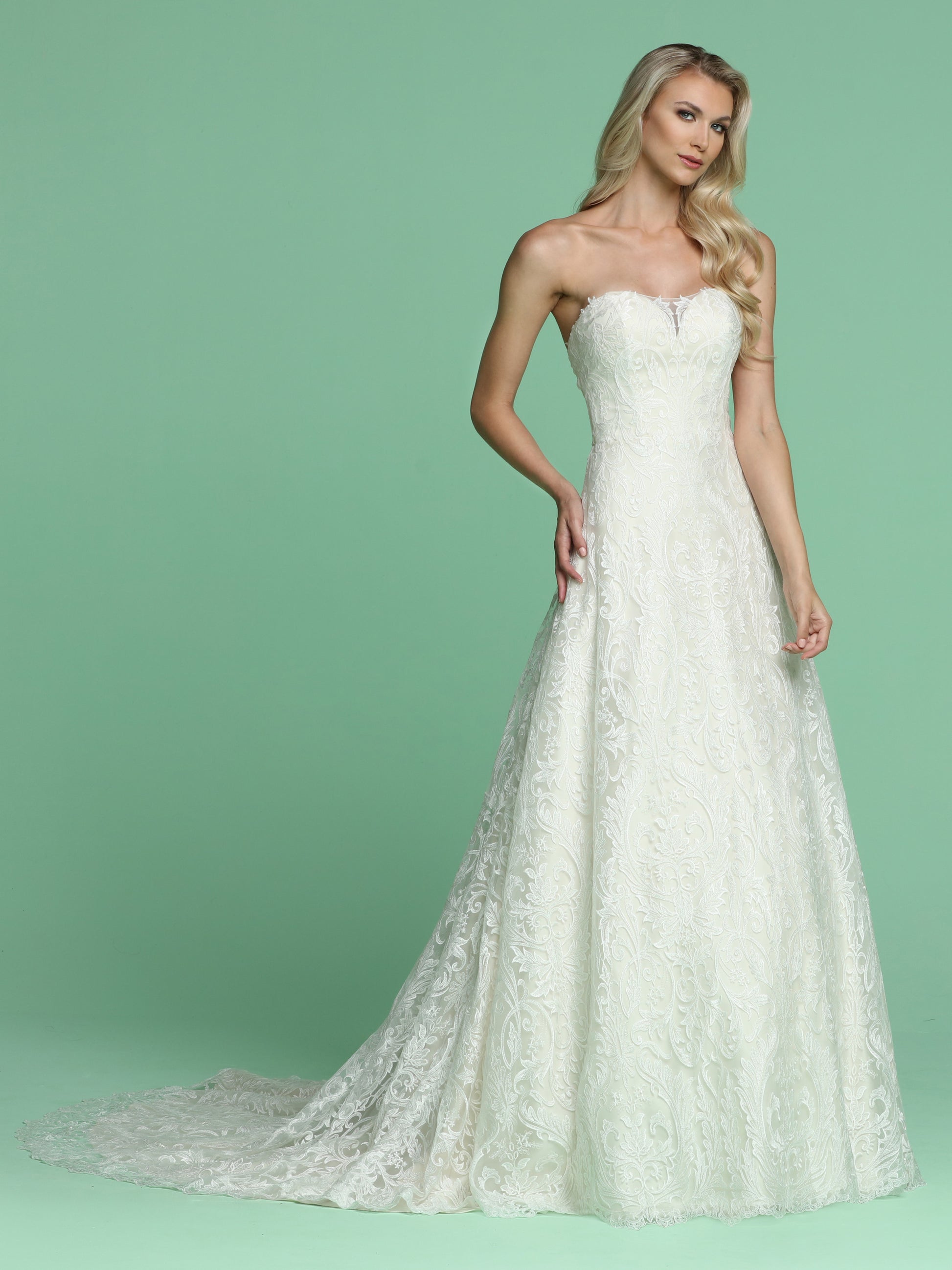 Davinci Bridal 50609 is a beautiful all over lace A Line wedding Dress. This Strapless gown features an illusion sheer sweetheart neckline. Fitted bodice flowing into an a line ballgown with a scallop lace hem. Long Line Lace Up Corset Back. Stunning sweeping train.   Available for 1-2 Week Delivery!!!  Available Sizes: 2,4,6,8,10,12,14,16,18,20  Available Colors: Ivory/Champagne, Ivory/Ivory