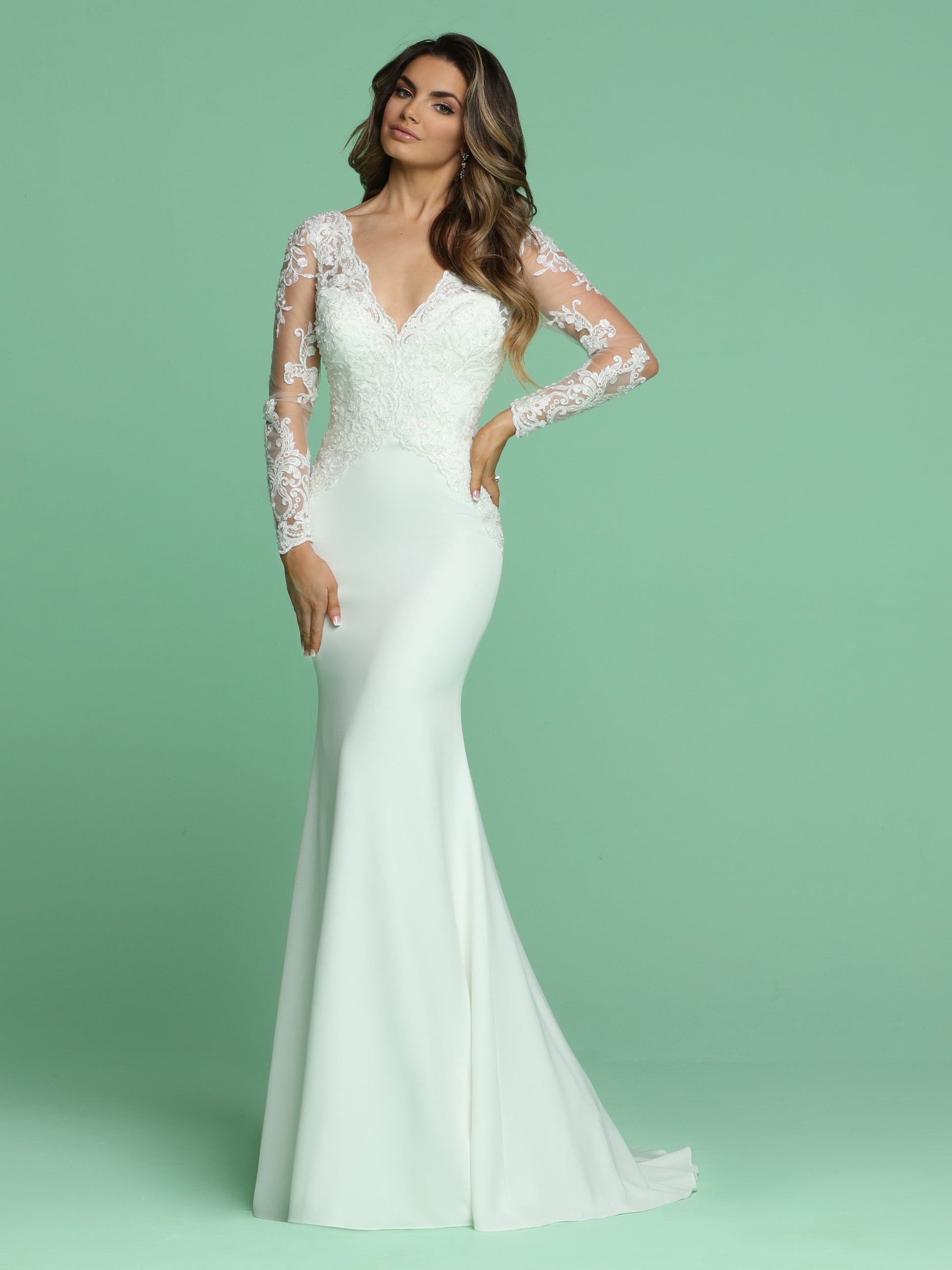 Davinci Bridal 50610 Long Sleeve Sheer Lace Fitted Wedding Dress V Neck Gown 4 / White Davinci Bridal 50610 Long Sleeve Sheer Lace Fitted Wedding Dress V Neck Gown 4 / White