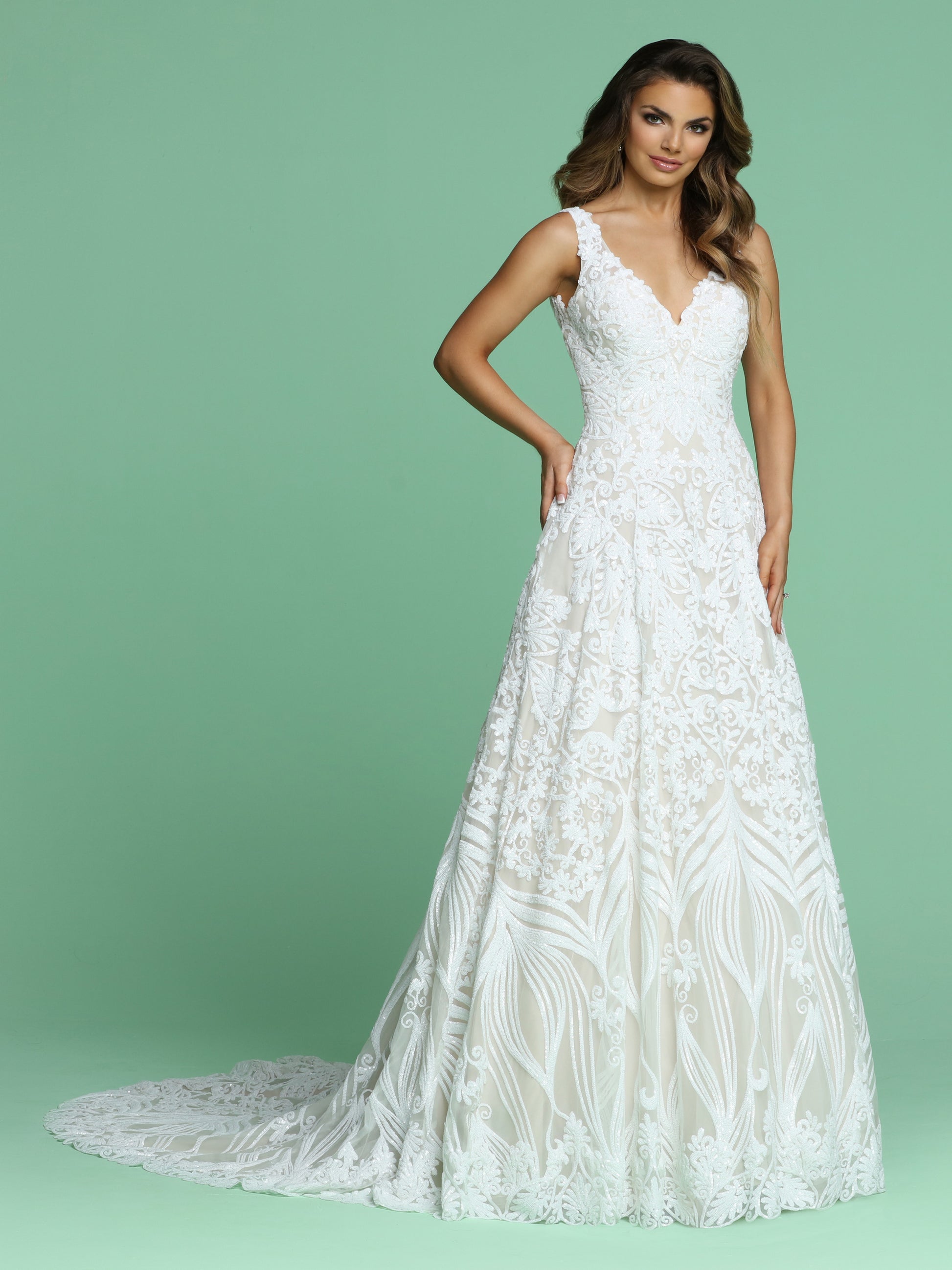 Davinci Bridal 50613 is a stunning long A Line Sequin Pattern Wedding Dress. Featuring a V Neckline with wide straps leading around to an open V back. This Shimmering gown is a true Fairytale Princess Gown!  Available for 1-2 Week Delivery!!!  Available Sizes: 2,4,6,8,10,12,14,16,18,20  Available Colors: Ivory/Blush, Ivory/Ivory  Available Sizes: 2-30  Available Colors: Ivory/Blush, Ivory/Ivory, White/White