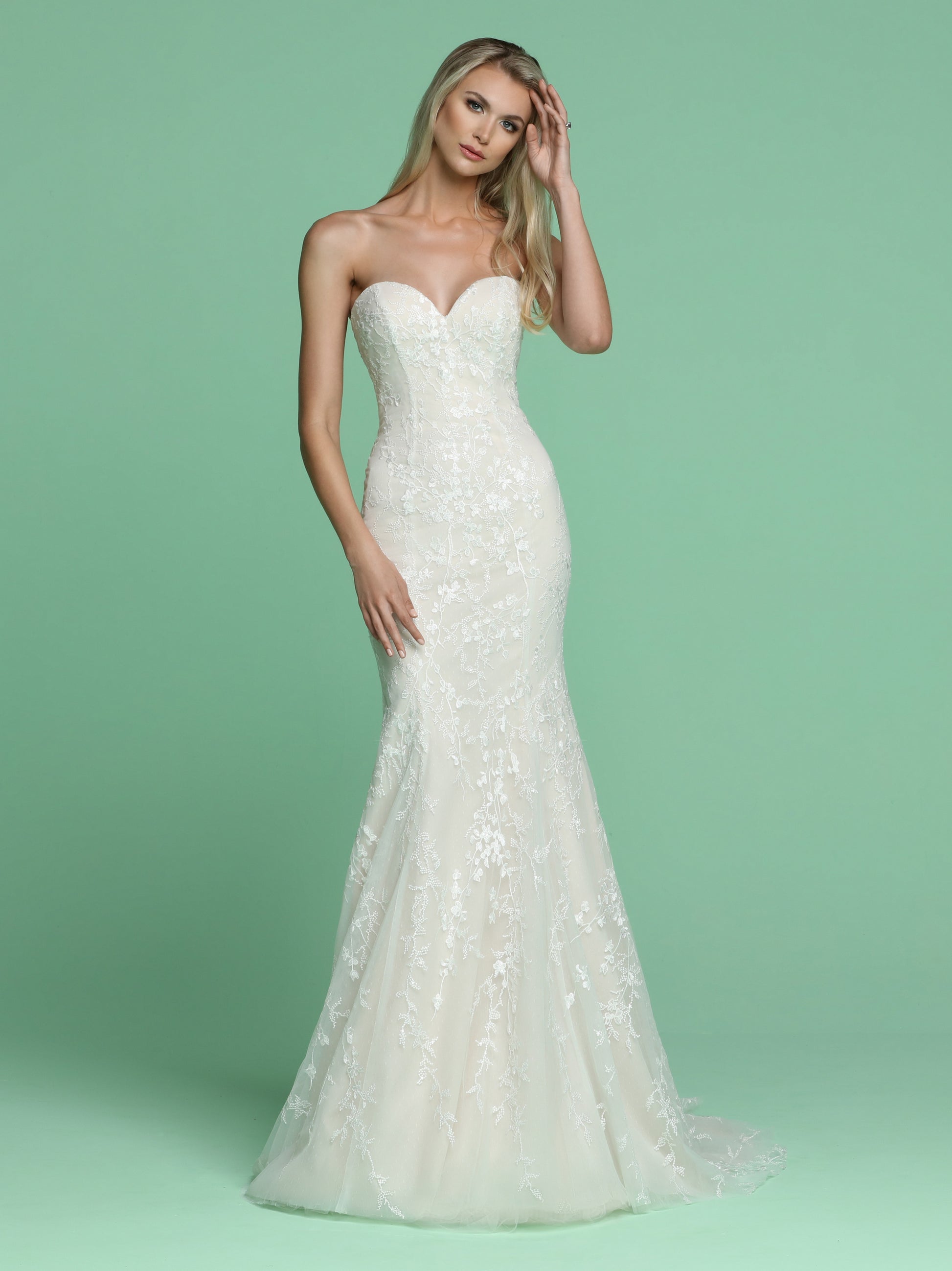 Davinci Bridal 50617 Long stunning Embroidered Tulle Fit & Flare wedding dress. Featuring a strapless sweetheart neckline with a sheer back. Buttons line the back of the gown. flowing into a sweeping train.   Available for 1-2 Week Delivery!!!  Available Sizes: 2,4,6,8,10,12,14,16,18,20  Available Colors: Ivory/Blush, Ivory/Ivory  Available Sizes: 2-30  Available Colors: Ivory/Blush, Ivory/Ivory, White/White