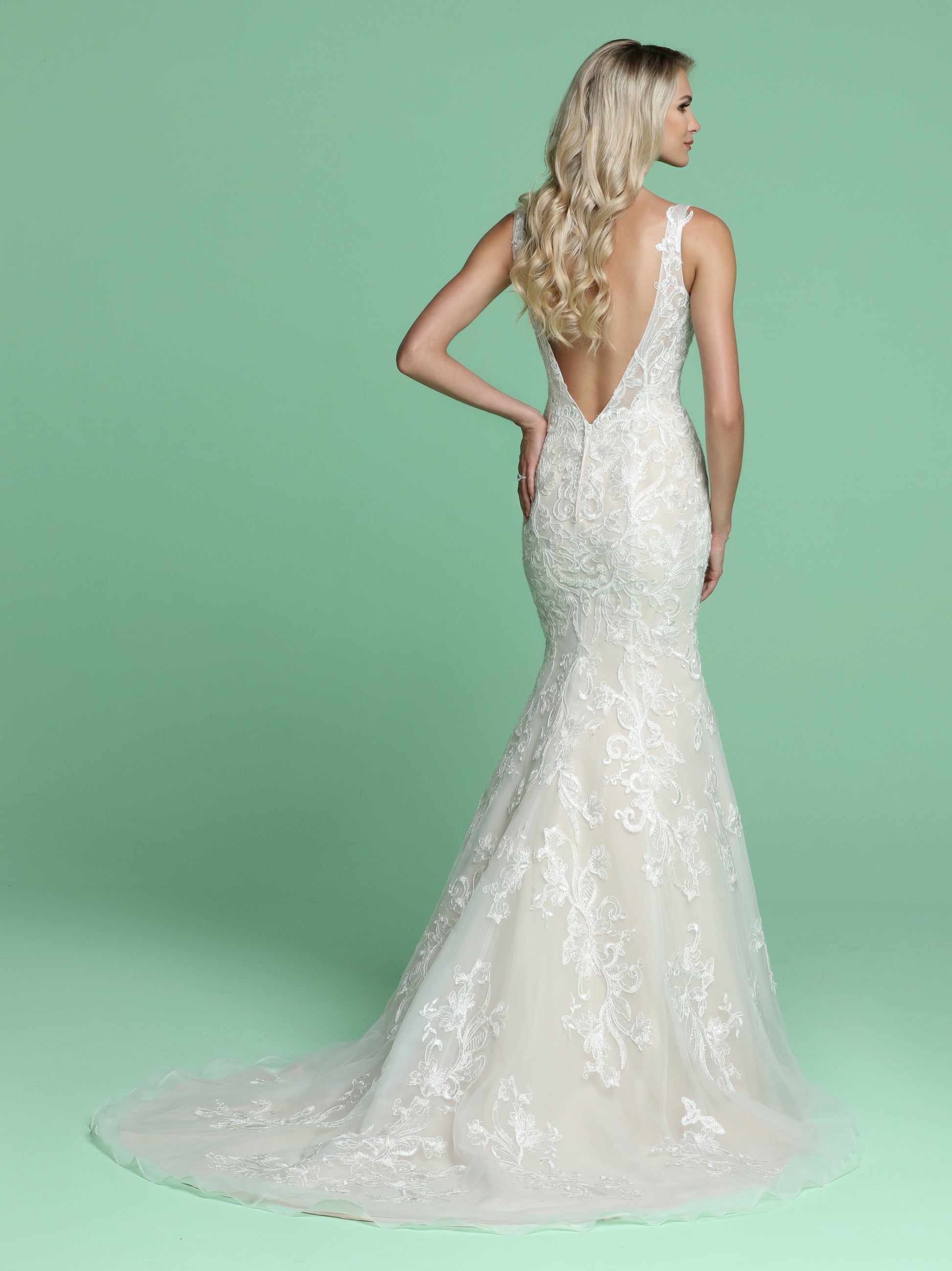 Davinci Bridal 50624 is a long Embroidered Lace Fit & Flare Mermaid Wedding Dress. Featuring an open V Back. Fitted Bodice with a trumpet skirt leading into a sweeping train,  Available for 1-2 Week Delivery!!!  Available Sizes: 2,4,6,8,10,12,14,16,18,20  Available Colors: Ivory/Ivory, Ivory/Nude
