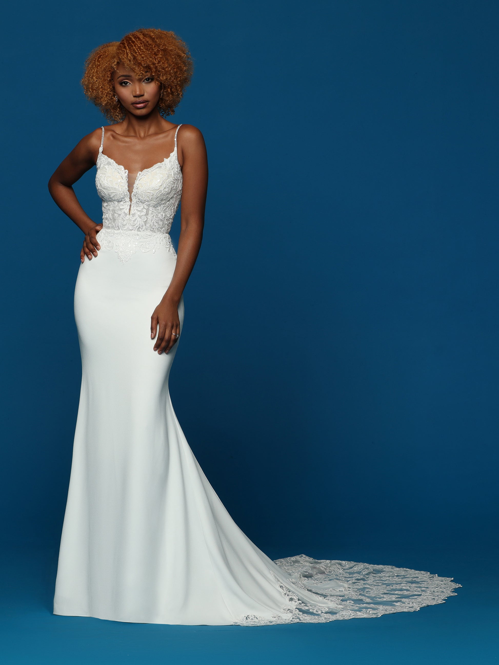 Davinci Bridal 50631 Crepe Sheer lace Wedding Dress V Neck Train Fit & Flare Gown 24 / Ivory Davinci Bridal 50631 Crepe Sheer lace Wedding Dress V Neck Train Fit & Flare Gown 24 / Ivory