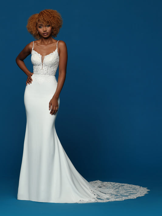 Davinci Bridal 50631 Crepe Sheer lace Wedding Dress V Neck Train Fit & Flare Gown Crepe Fit & Flare Sheath Wedding Dress with Dramatic Plunging V-Neck, Beaded Straps & Low Scoop Back features a Close Fitting Bodice with Lace Applique & Sequin Accent. The Fit & Flare Skirt has a Smooth Front Hem with a Sheer Lace Chapel Train.