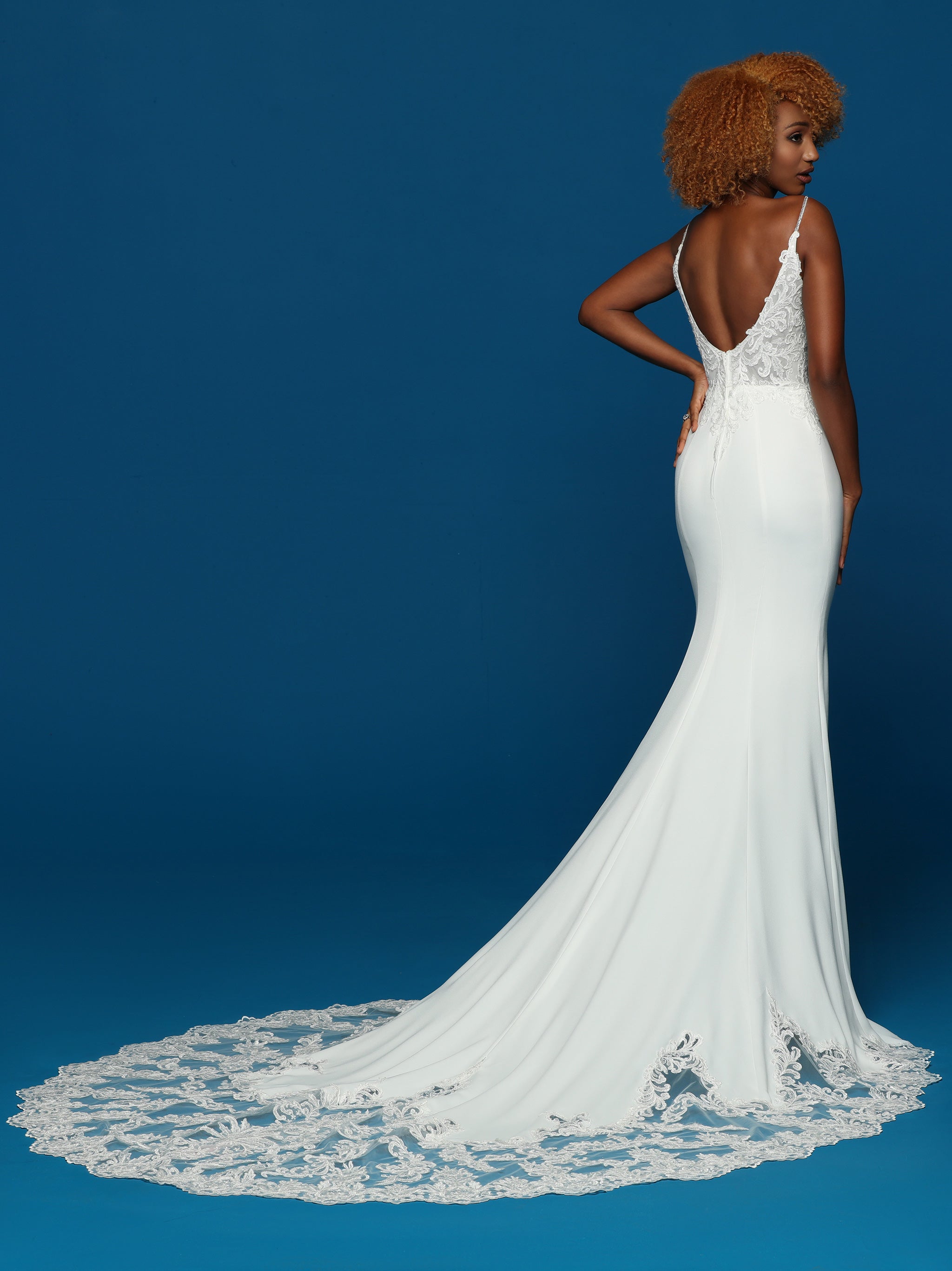 Davinci Bridal 50631 Crepe Sheer lace Wedding Dress V Neck Train Fit &  Flare Gown