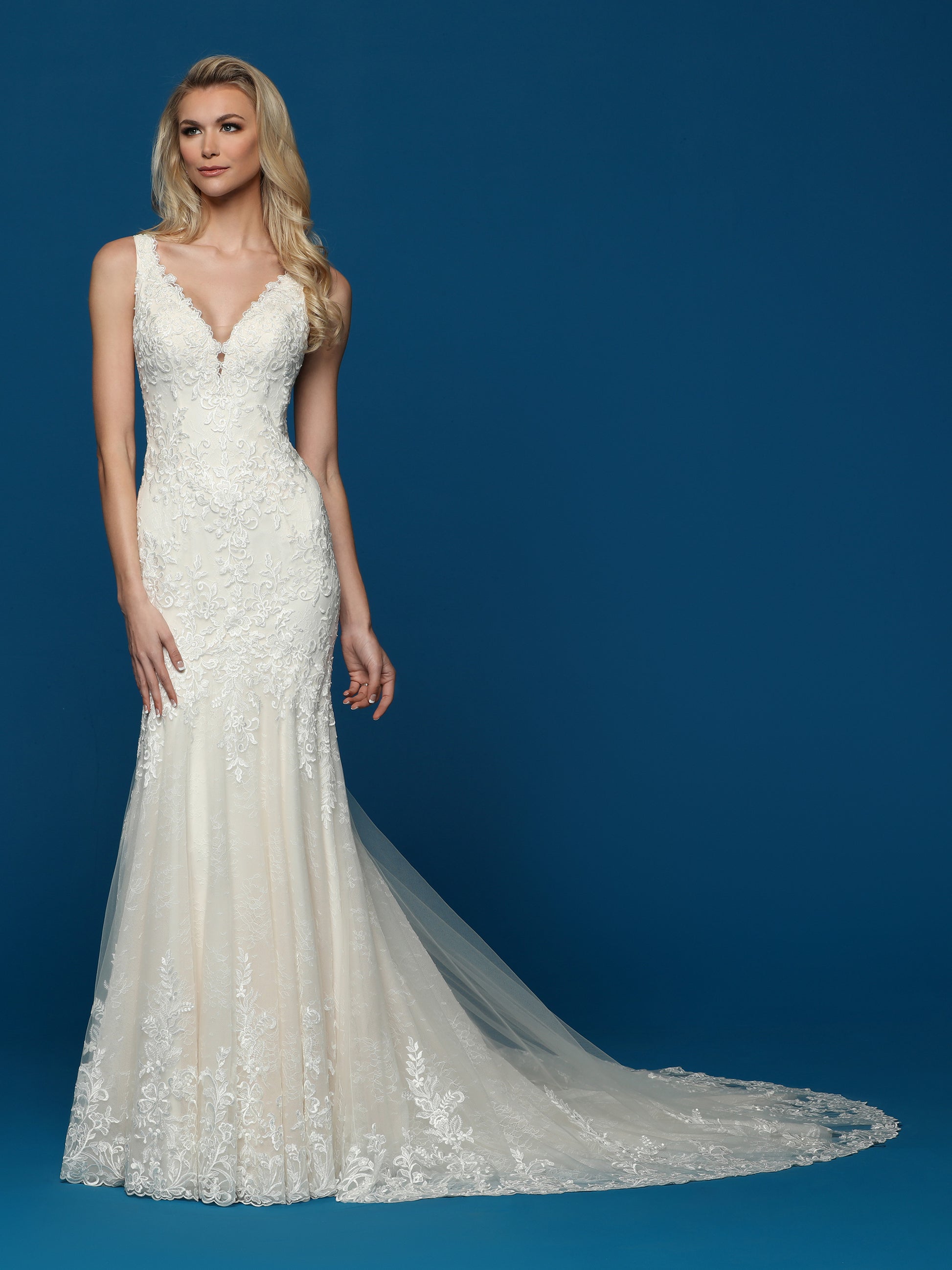 Davinci Bridal 50633 Long Lace Fit & Flare Wedding Dress Train Sheer O