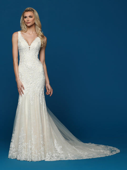 Davinci Bridal 50633 Long Lace Fit & Flare Wedding Dress Train Sheer Open Back Gown Elegant Lace & Tulle Fit & Flare Sheath Wedding Dress has a V-Neckline & Full Coverage Sheer Back with Covered Buttons. Lace Applique Covers the Bodice, Frames the Back & Extends Below the Knee. Contoured at the Back for a Mermaid Effect & a Fuller Train, the Tulle Lace Skirt features a Sheer Tulle Overlay with Wide Lace Applique at the Hem & Chapel Train. Available with a Two-Tone Color Option.