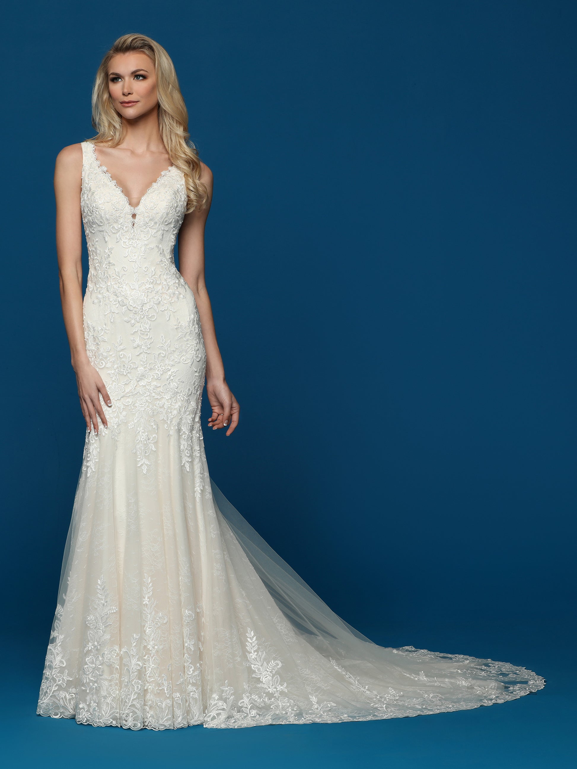 Sleeveless V-neckline Fit And Flare Lace Wedding Dress With Open Beaded  Back