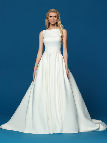 silk ball gown wedding dress Davinci Bridal 50636 High Neck Satin Ballgown Wedding Dress Pockets Sheer Lace Back Gown 26 / White