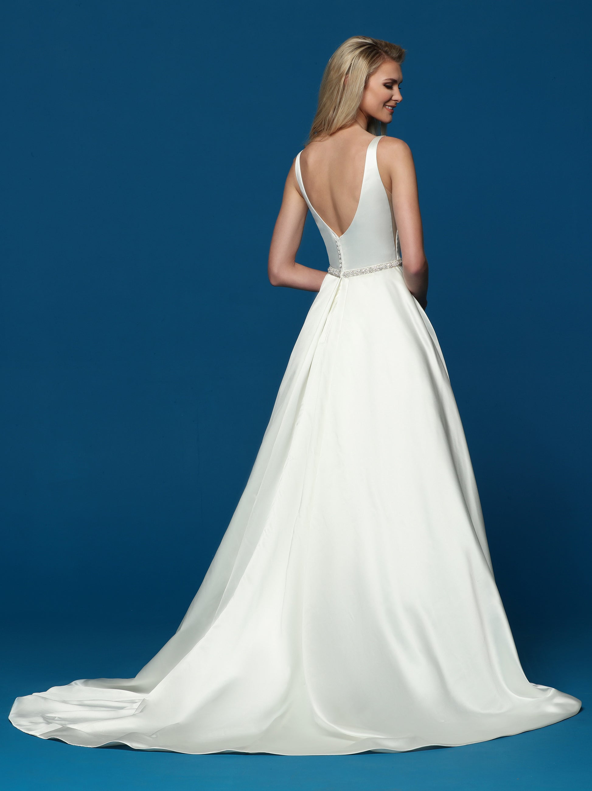 Davinci Bridal 50656 is a long satin A line wedding dress.  This bridal gown has a v neckline and an embellished waistline.  And it has Pockets! Colors:  Ivory  Sizes:  2-20