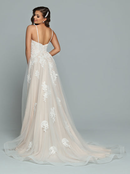 Davinci Bridal 50667 Long Aline Lace Wedding Dress V neck Train Gown  Feminine Lace & Tulle A-Line Wedding Dress has a Ball Gown Vibe. The Deep V-Neck Bodice with Delicate Shoulder Straps features a Modesty Panel & Allover Lace Applique that also Accents the Skirt. The Softly Flowing Sheer Tulle Skirt is Accented with Lace Medallions & is Gathered at the Back for a Fullness & finishes with a Wavy Hem Chapel Train.