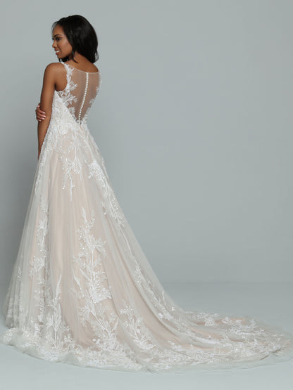 Davinci Bridal 50672 A line Lace Ballgown Wedding Dress Sheer Back Bridal Gown Beautiful Tulle A-Line Wedding Dress with a Ball Gown Vibe features a Deep V-Neckline with Sheer Modesty Panel. Lightly Beaded Lace Applique Covers the Bodice & frames the Sheer Back. More Lace Applique highlights the Full Skirt & Chapel Length Train. Sparkling Sequin Accents & Covered Buttons finish the look.