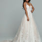 Davinci Bridal 50672 A line Lace Ballgown Wedding Dress Sheer Back Bridal Gown Beautiful Tulle A-Line Wedding Dress with a Ball Gown Vibe features a Deep V-Neckline with Sheer Modesty Panel. Lightly Beaded Lace Applique Covers the Bodice & frames the Sheer Back. More Lace Applique highlights the Full Skirt & Chapel Length Train. Sparkling Sequin Accents & Covered Buttons finish the look.