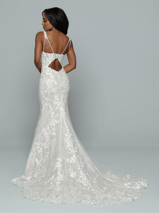 Davinci Bridal 50674 Long Fitted Lace Mermaid Wedding Dress Cut Out Back Bridal Gown Lace & Tulle Fit & Flare Sheath Wedding Dress features a Minimalist Silhouette with a Unique Strap Design. Double Spaghetti Straps Split at each Shoulder to create a One-of-a-Kind Triangle Design above a Low Back Keyhole. The Bodice with its Sweetheart Neckline has Allover Lace Applique that also Highlights the Skirt & Chapel Length Train.
