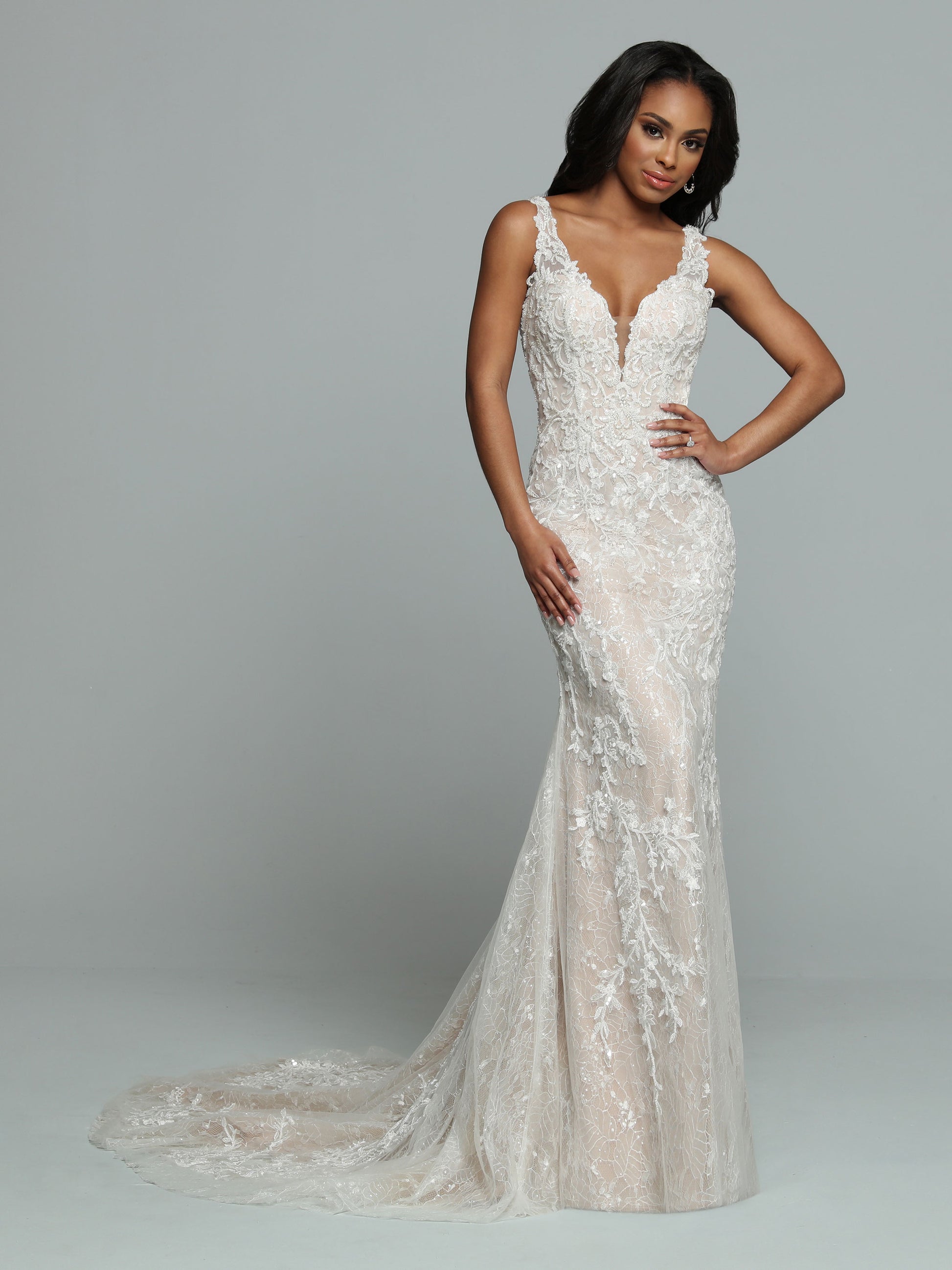 Davinci Bridal 50678 Fitted Beaded Lace Mermaid Wedding Dress Sheer Bridal Gown 16 / Ivory/Latte Davinci Bridal 50678 Fitted Beaded Lace Mermaid Wedding Dress Sheer Bridal Gown 16 / Ivory/Latte