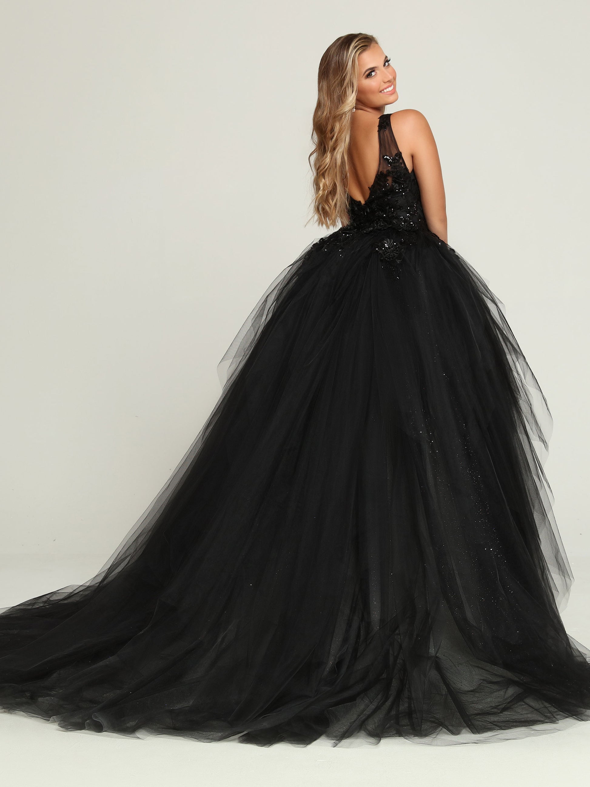 Davinci Bridal 50681 Black Lace Sequin Wedding Dress Ballgown Layer Gown Train v Neck 8 / Ivory/Ivory