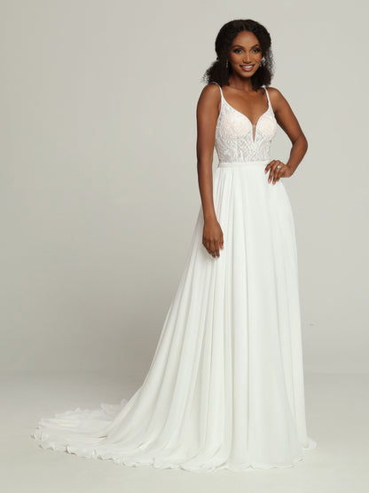 Davinci Bridal 50682 Long Chiffon Beaded A Line wedding dress Bridal Gown This On-Trend Chiffon A-Line Wedding Dress features a Sheer Lace Applique Bodice with Deep V-Neckline, Beaded Straps & an Open Back. The Full Skirt has a Narrow Beaded Waistband Belt Accent & a Chapel Train