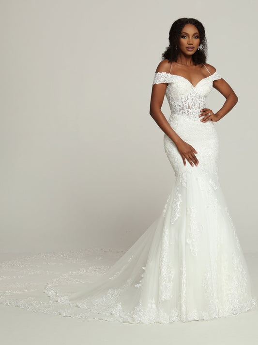 Davinci Bridal 50686 Sheer Beaded off the shoulder mermaid Wedding Dress Bridal Gown Train This Modern Lace & Tulle Fit & Flare Wedding Dress features a Sheer Beaded Lace Bodice with a Sweetheart Neckline, Off the Shoulder Straps & Slender Cold Shoulder Straps. Lace Applique Highlights the Dress to Below the Hip & Accents the Dramatic Mermaid-Style Skirt with its Double-Layer Chapel Train.