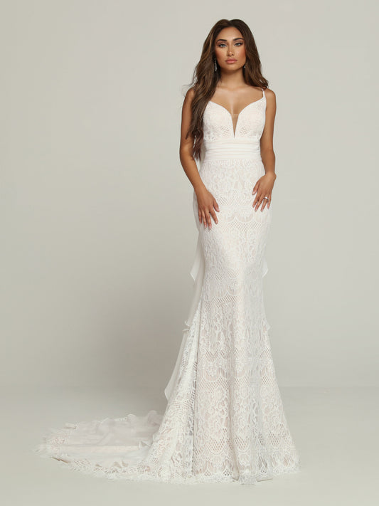 Davinci Bridal 50694 Boho Lace Romantic Mermaid Wedding Dress Bow Chiffon Bridal Gown Elegant with a Sweet Surprise, this Lace Fit & Flare Sheath Wedding Dress features a Plunging V-Neckline with Modesty Panel & a Low V-Back. A Wide Ruched Waistband sets off the Lace Skirt with its Chapel Train. The Surprise is the Oversized Back Bow & Ruffled Waterfall Style Chapel-Length Panel. oversize bow