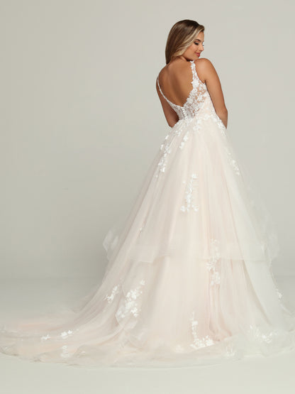 Davinci Bridal 50695 A Line Ruffle Layer Ballgown Wedding Dress Lace V Neck Bridal Gown Straight out of a Fairytale, this Lace & Tulle A-Line Ball Gown Wedding Dress features a Plunging Sweetheart V-Neckline with Modesty Panel & Low V-Back. Lace Covers the Bodice Front & Highlights the Straps & Sheer Back. The Full Tulle Skirt with Chapel Train has Tiered Layers with Lace Medallion Accents. Covered Buttons Hide the Zipper Closure.