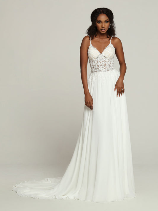 Davinci Bridal 50696 Beaded Sheer A Line Wedding Dress V neck Chiffon Bridal Gown  Slender Beaded Shoulder Straps & a Sheer Bodice give this Chiffon A-Line Wedding Dress a Slip Dress Vibe. Lace Applique Highlights the Bodice, V-Neckline & Open Back. The Chiffon Skirt with Chapel Train has Delicate Lace Applique Accents at the Waist.