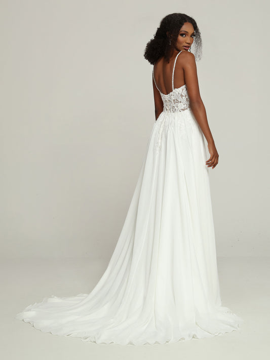 Davinci Bridal 50696 Beaded Sheer A Line Wedding Dress V neck Chiffon Bridal Gown  Slender Beaded Shoulder Straps & a Sheer Bodice give this Chiffon A-Line Wedding Dress a Slip Dress Vibe. Lace Applique Highlights the Bodice, V-Neckline & Open Back. The Chiffon Skirt with Chapel Train has Delicate Lace Applique Accents at the Waist.