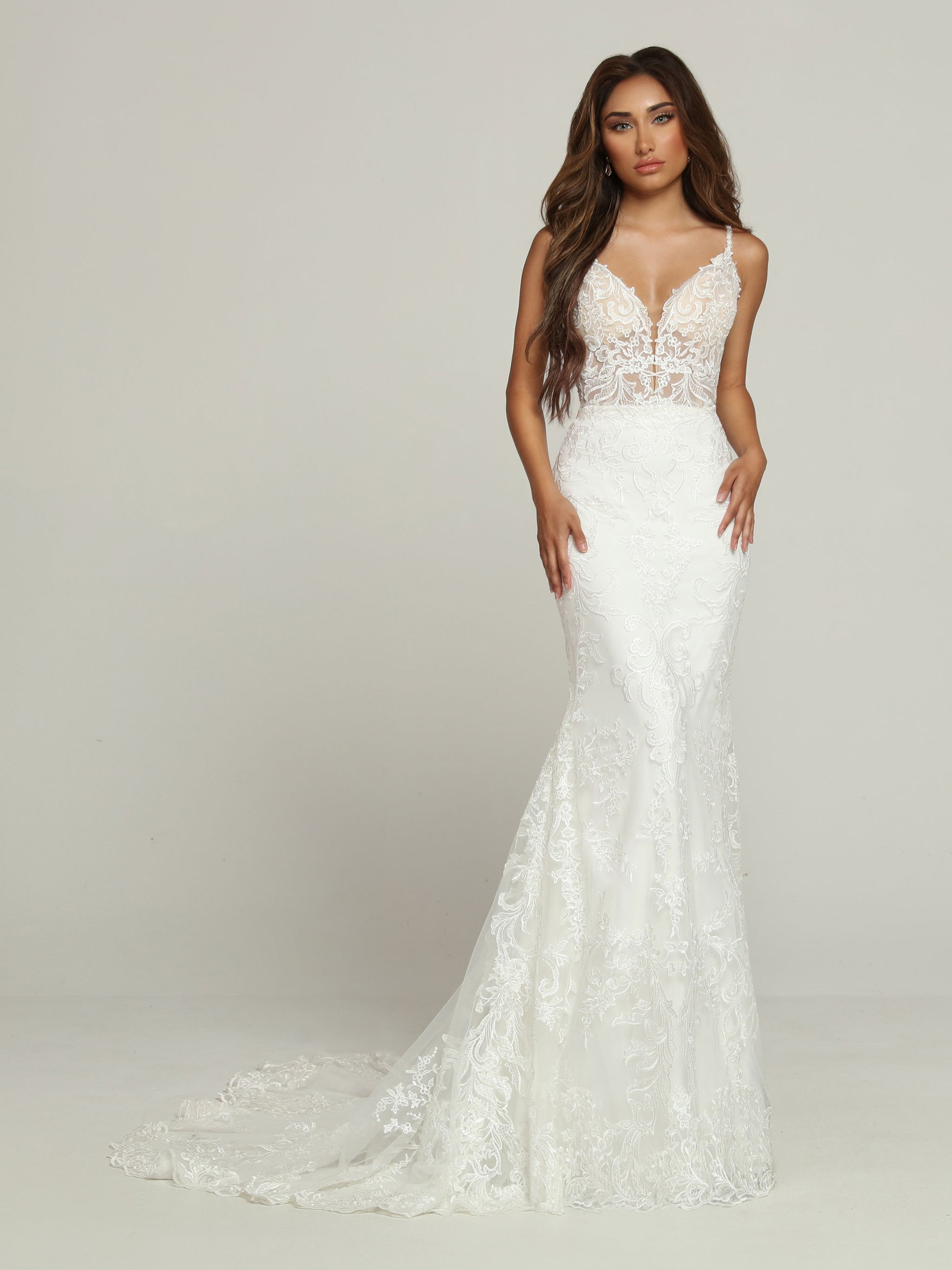 Davinci Bridal 50700 Long Sheer Lace V Neck Wedding Dress Flare Bridal Gown  Cutout Back