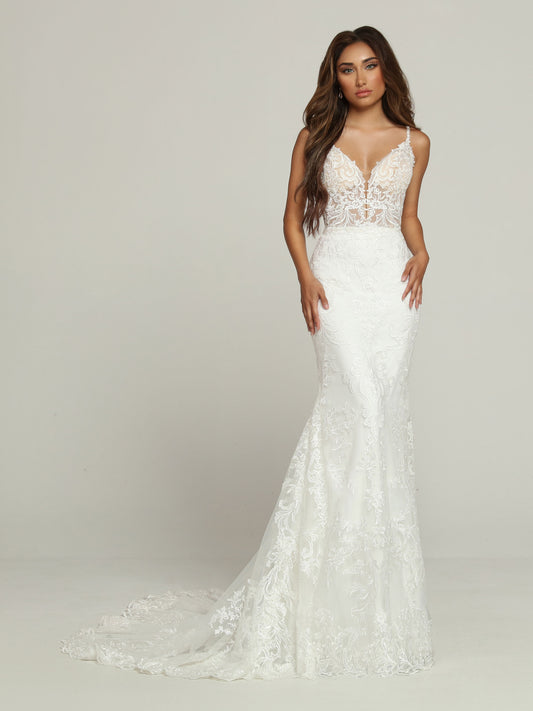 Davinci Bridal 50700 Long Sheer Lace V Neck Wedding Dress Flare Bridal Gown Cutout Back A Peek-a-Boo Back makes this Lace Sheath Fit & Flare Wedding Dress truly Runway Worthy. The Sheer Lace Bodice has a Plunging V-Neckline & Narrow Shoulder Straps. Triangle Shaped Bodice Sides connect to create a Double Keyhole over an Open Back. The Form-Fitting Fit & Flare Skirt ends in a Chapel Train.