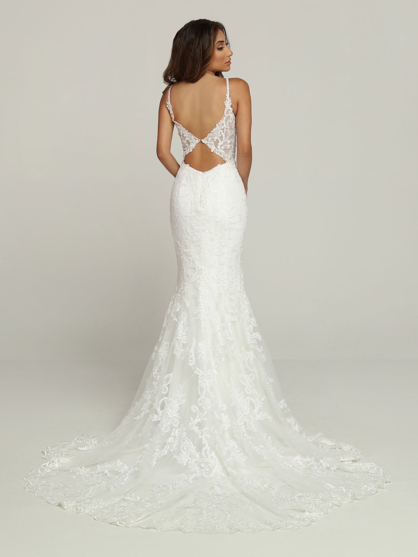 Davinci Bridal 50700 Long Sheer Lace V Neck Wedding Dress Flare Bridal Gown Cutout Back A Peek-a-Boo Back makes this Lace Sheath Fit & Flare Wedding Dress truly Runway Worthy. The Sheer Lace Bodice has a Plunging V-Neckline & Narrow Shoulder Straps. Triangle Shaped Bodice Sides connect to create a Double Keyhole over an Open Back. The Form-Fitting Fit & Flare Skirt ends in a Chapel Train.