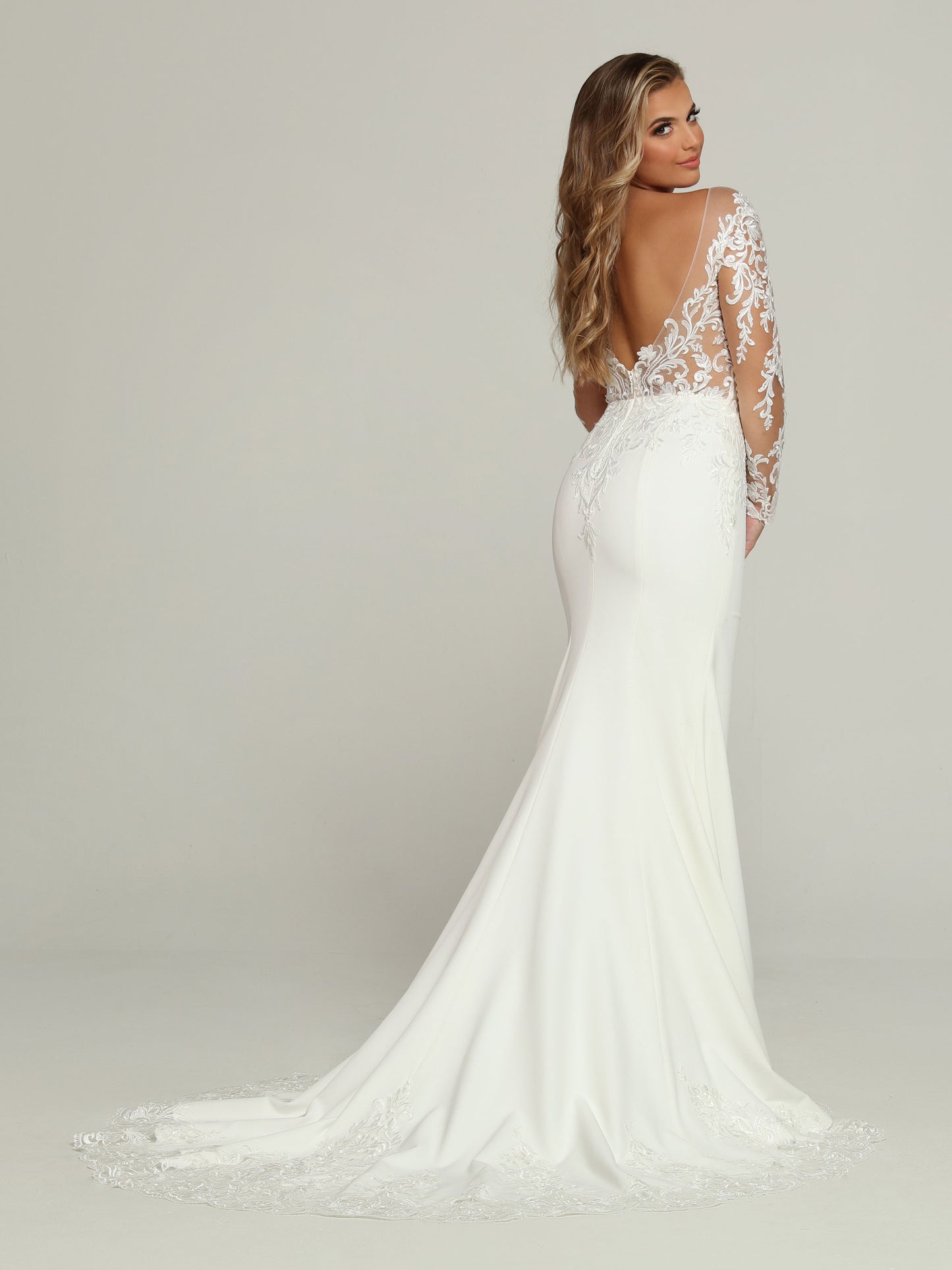Davinci Bridal 50701 Long Sleeve Sheer Lace Wedding Dress Train off the Shoulder Bridal Gown This Stunning Soft Satin Sheath Fit & Flare Wedding Dress Wedding Dress features a Sheer Bateau Neckline above a Sweetheart Bodice. Lace Applique Accents the Full-Length Sheer Sleeves & Sheer Low V-Back. The Skirt finishes with a Sheer Lace Chapel Train.