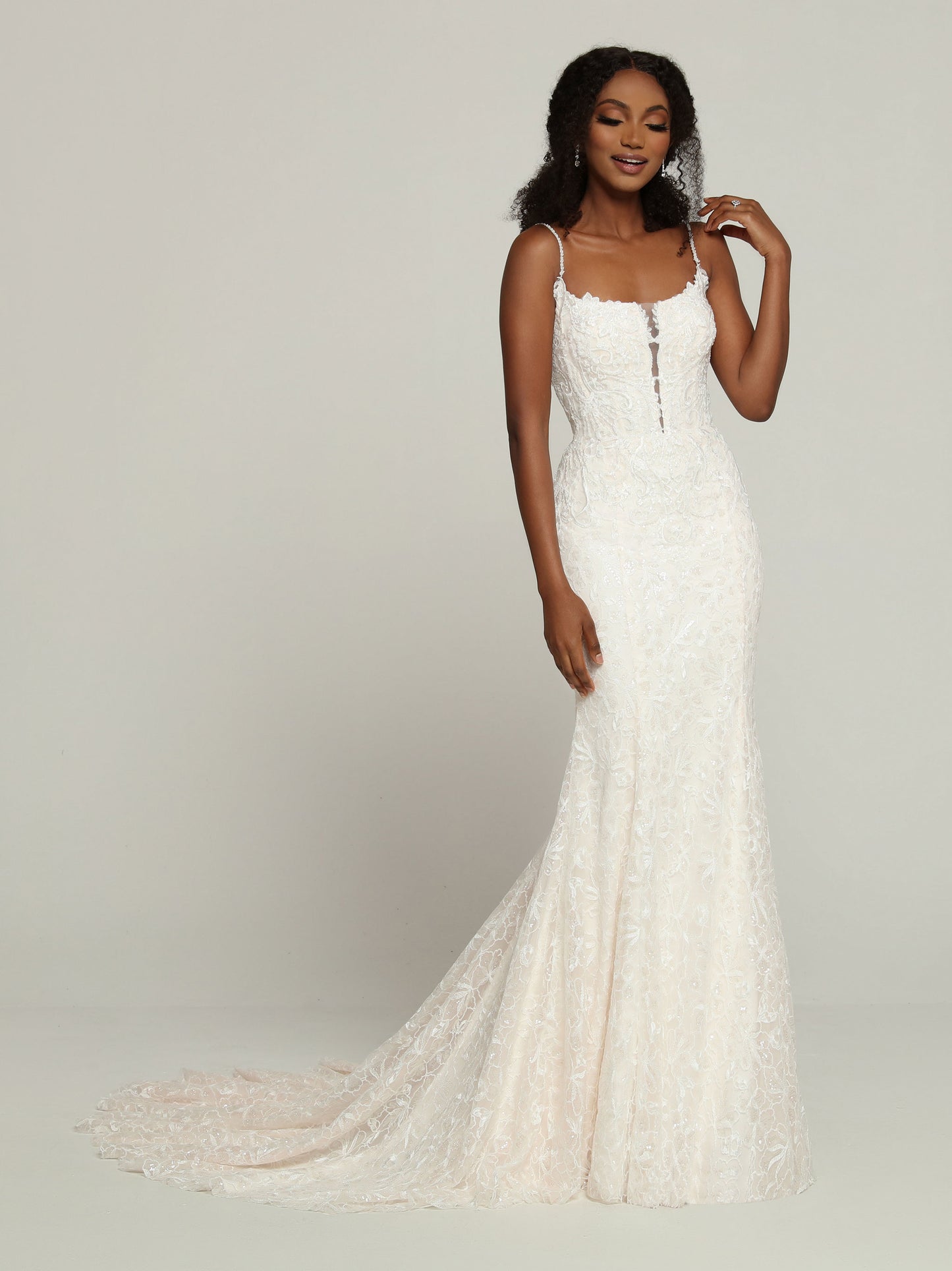 Davinci Bridal 50702 Long Fit & Flare Lace Wedding Dress Plunging Neckline Bridal Gown 16 / Ivory/Blush Davinci Bridal 50702 Long Fit & Flare Lace Wedding Dress Plunging Neckline Bridal Gown 16 / Ivory/Blush