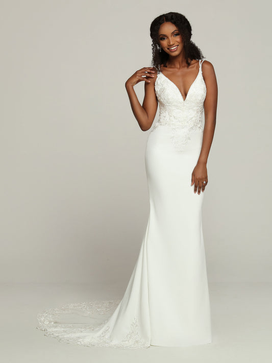 Davinci Bridal 50708 Fitted Satin Lace Wedding Dress Sheer Train Bridal Gown Beaded Minimalist with Flair, this Soft Satin Sheath Fit & Flare Wedding Dress features a Lace Applique Bodice with a Plunging V-Neckline. Double Shoulder Straps create a V-Design that Highlights the Open Back & Sheer Lace Sides. The One-of-a-Kind Skirt features a Back Slit with a Sheer Chapel Train & Lace Applique Accents.