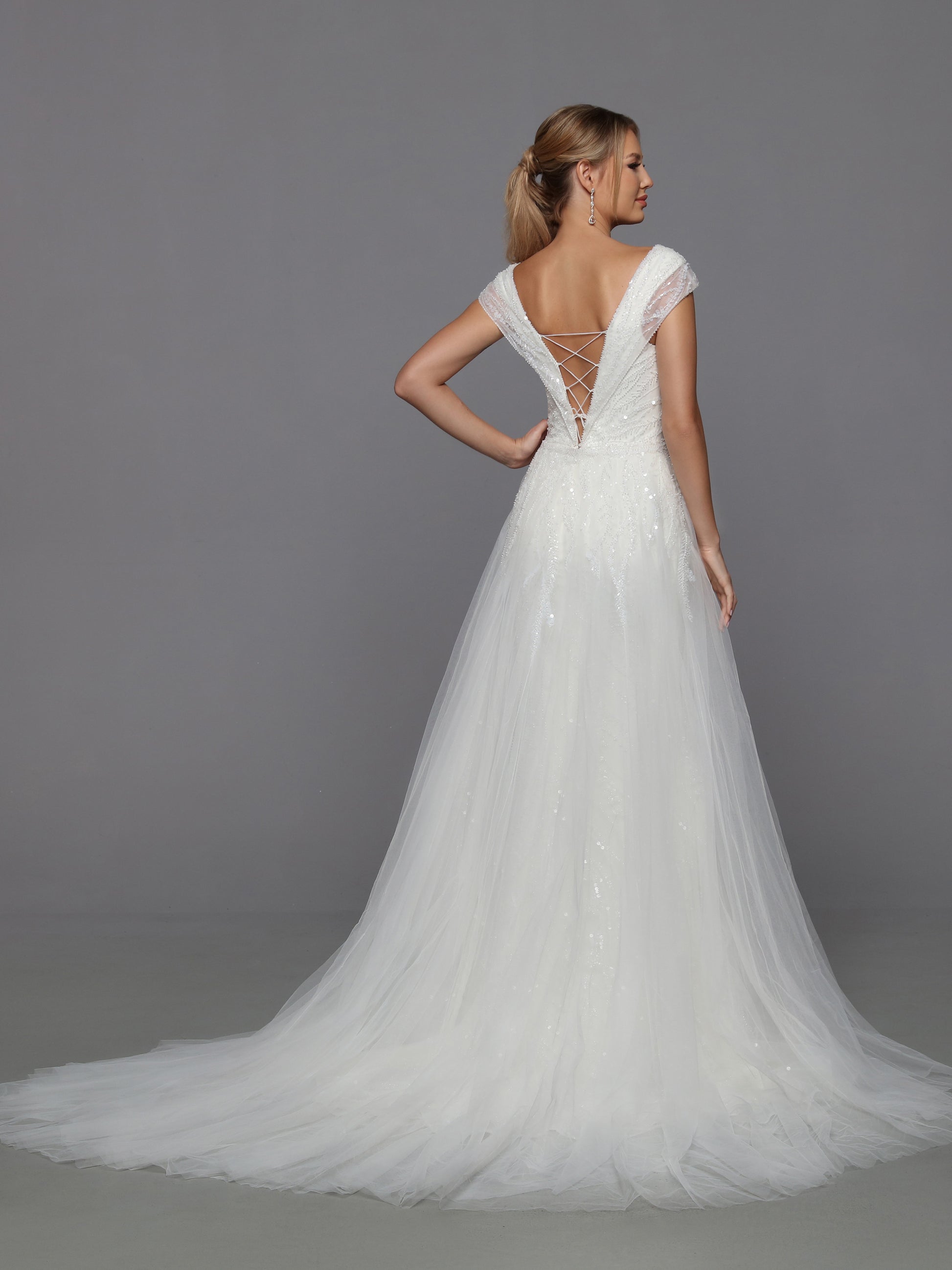 Davinci Bridal 50762 Long fitted Beaded Sequin Mermaid Bridal Gown with detachable  Overskirt off the Shoulder Cap sleeves and a corset lace up back.  Sizes: Ivory  Colors: 0-28