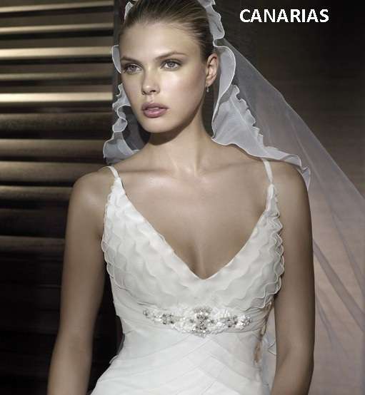 STYLE: CANARIAS by Pronovias   Silhouette: Trumpet Neckline: V-neck  Waistline: Empire Waist Sleeve Style: Sleeveless  Dress Length: Floor Length   This is a stunning wedding dress by San Patrick (a division of Pronovias), style Canarias, in beautiful ivory stiff organza. Brilliant fabric on this high quality gown. Flattering trumpet silhouette. The beadwork is jaw-dropping with huge Swarovski crystals. This is an authentic designer gown
