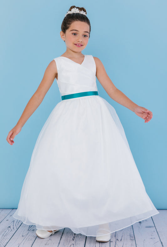 Rosebud Fashions Style 5111 is a full length sleeveless dress with a v- neckline. It contains a natural waist with a ruched bodice. The ribbon at the waist ties to a bow in the back. Satin buttons cover the zipper. Flower Girl & First Communion Dress  Available Sizes: 2,4,6,8,10,12,14,16  Available Colors: White, Ivory
