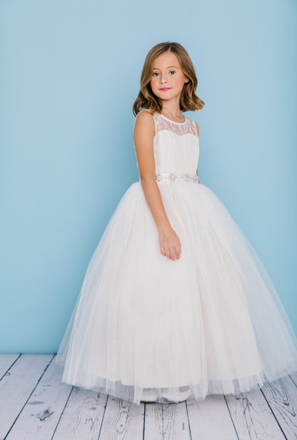 Rosebuds 5129 Long Tulle Flower Girl Ballgown Dress Lace Bodice Belt