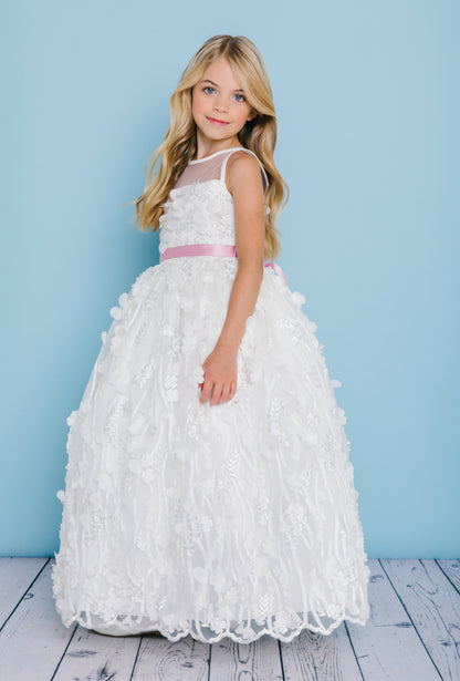 Rosebuds 5133 Long Floral Applique Flower Girl Dress Lace Ballgown Formal