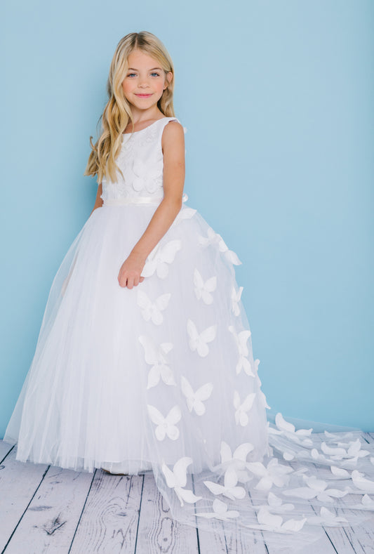 Rosebuds 5134 Long Flower girl Dress 3D Detachable Train First Communion