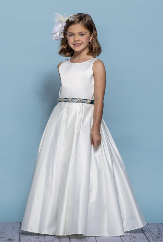 Rosebuds 5139 Long Pleated Satin Flower Girl Dress Bling Belt First Communion