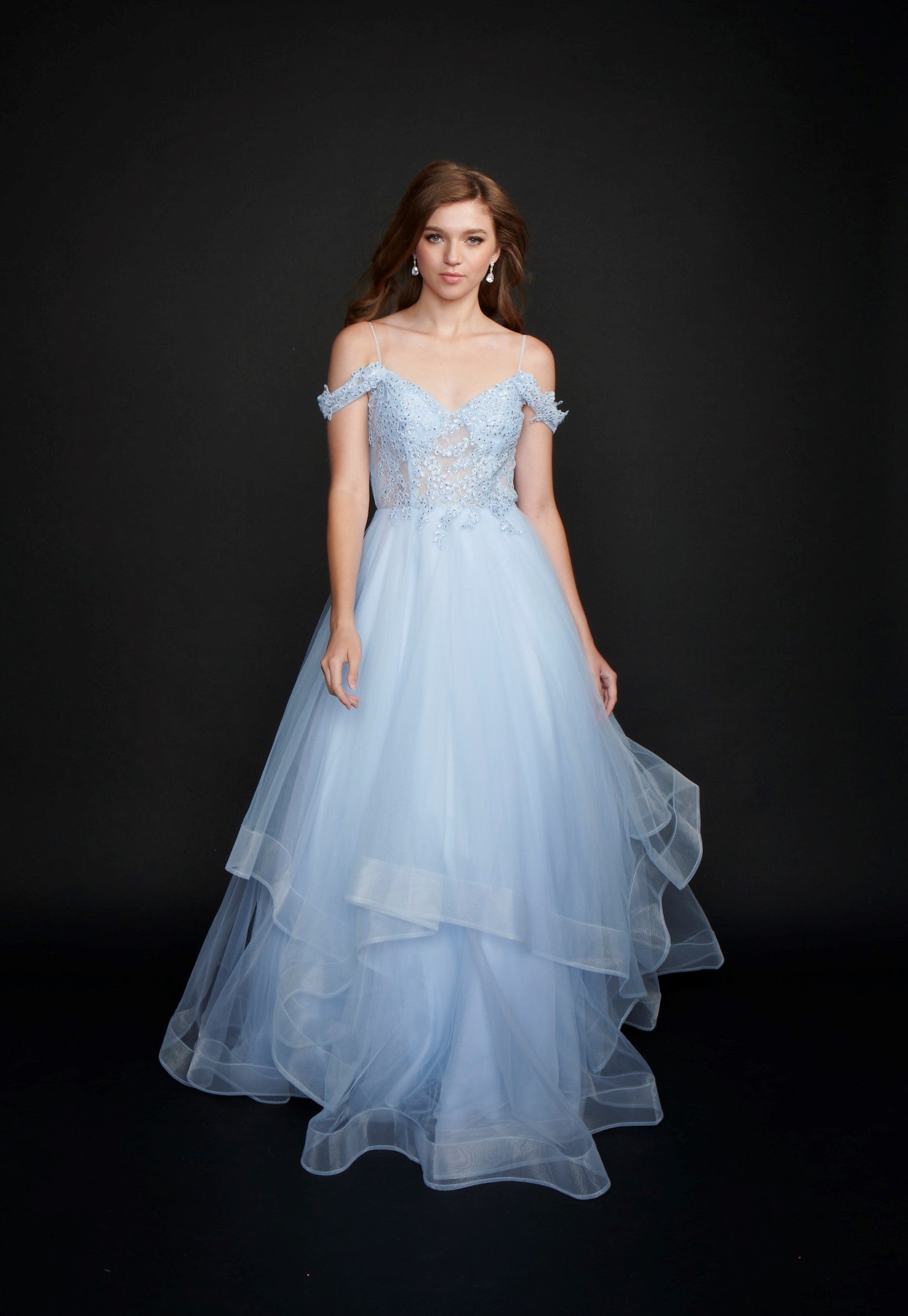 Nina Canacci 5205 Long Ballgown Prom Pageant Gown Long Sheer Ruffle Ballgown Prom Dress off the Shoulder Bridal Gown  Available Color- Ivory, Baby Blue  Available Size- 4-24