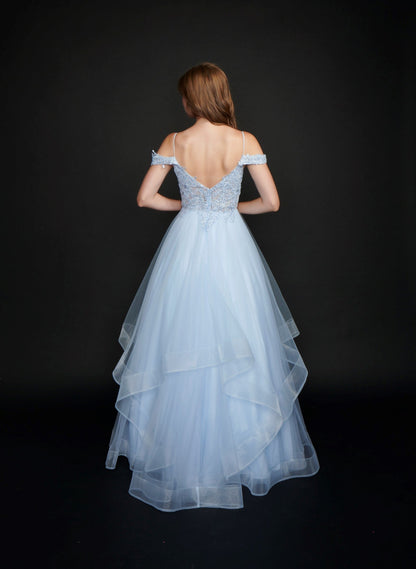 Nina Canacci 5205 Long Ballgown Prom Pageant Gown Long Sheer Ruffle Ballgown Prom Dress off the Shoulder Bridal Gown  Available Color- Ivory, Baby Blue  Available Size- 4-24