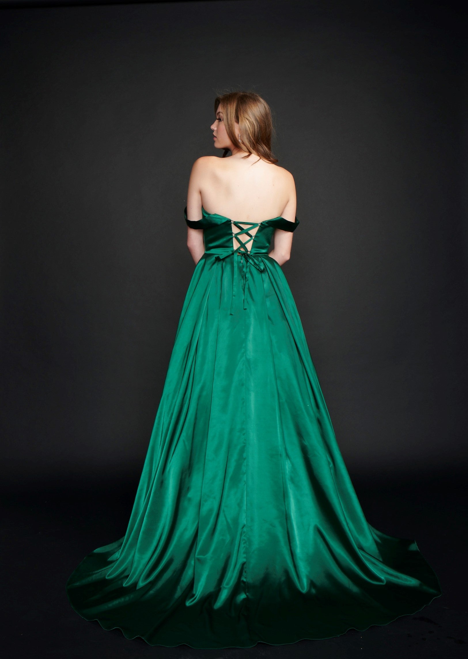 Nina Canacci 5214 Long Satin off the shoulder Ballgown Prom Dress Pageant Gown Pockets  Available Size- 4-24  Available Color-Red, Emerald 
