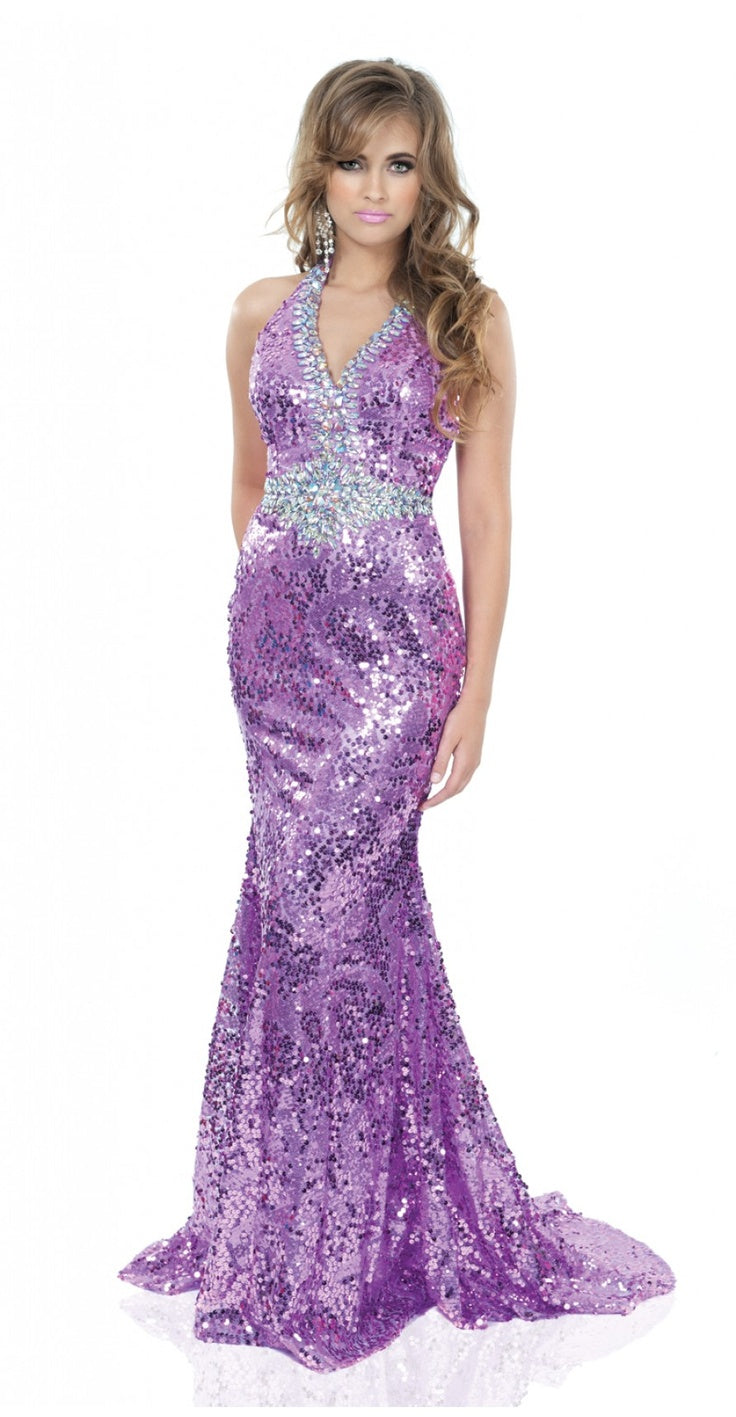 Johnathan Kayne 302 Size 6 Long Sequin Halter Pageant Dress Backless Gown